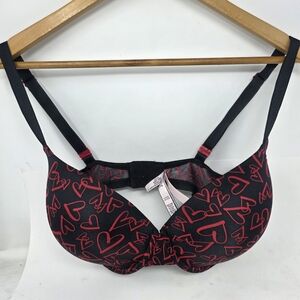 Victoria's Secret Lined Demi Bra 38DDD Black Red Heart Pattern